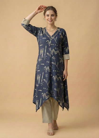 Navy Abstract Pure Cotton Kurta Set – Women Wear Wholesale Manufacturer