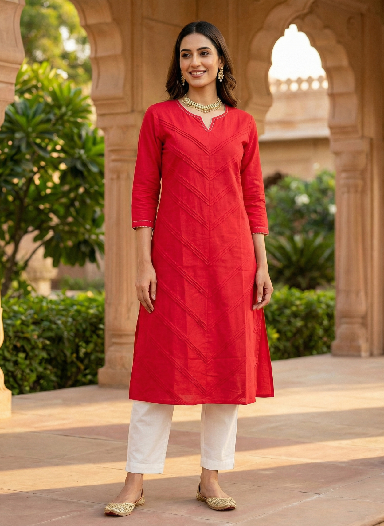 Neelufer Creation red pure cotton kurti front view