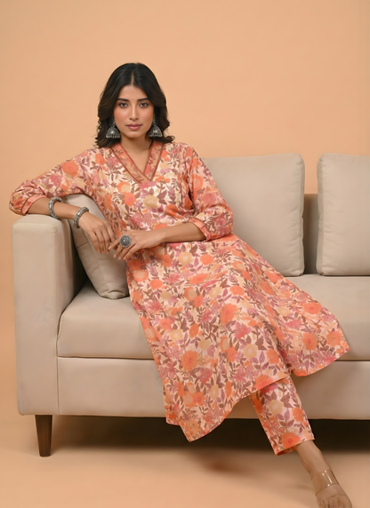 Peach Floral Pure Cotton Kurta Set