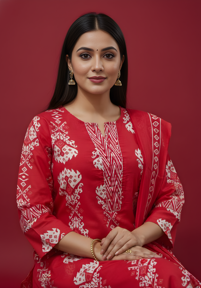 Wholesale women cotton kurta pant dupatta set red