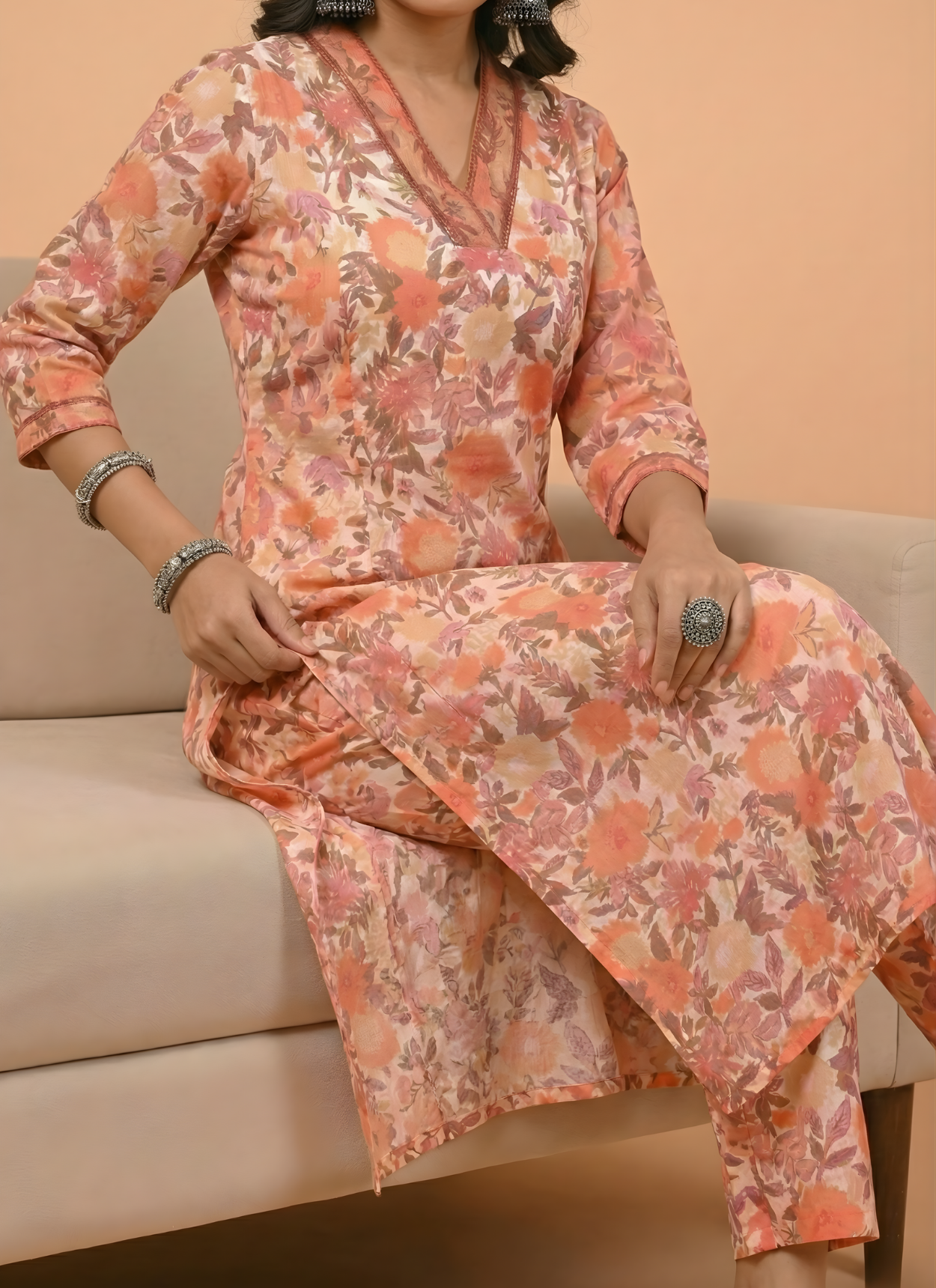 Peach Floral Pure Cotton Kurta Set