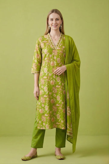 women wear wholesale manufacturer India olive green cotton kurti set