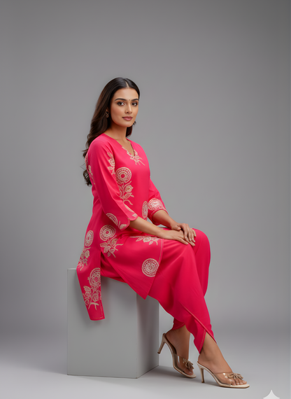 Woman in a pink embroidered outfit sitting on a gray pedestal against a gray background