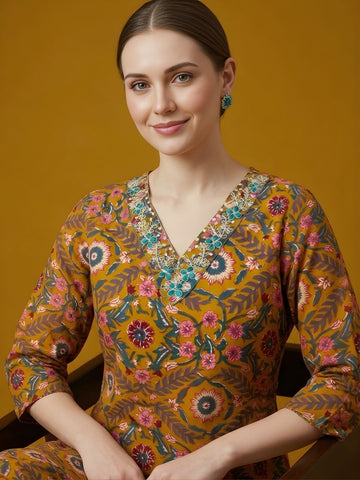 women wear wholesale manufacturer India mustard printed cotton kurti set