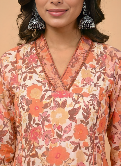 Peach Floral Pure Cotton Kurta Set
