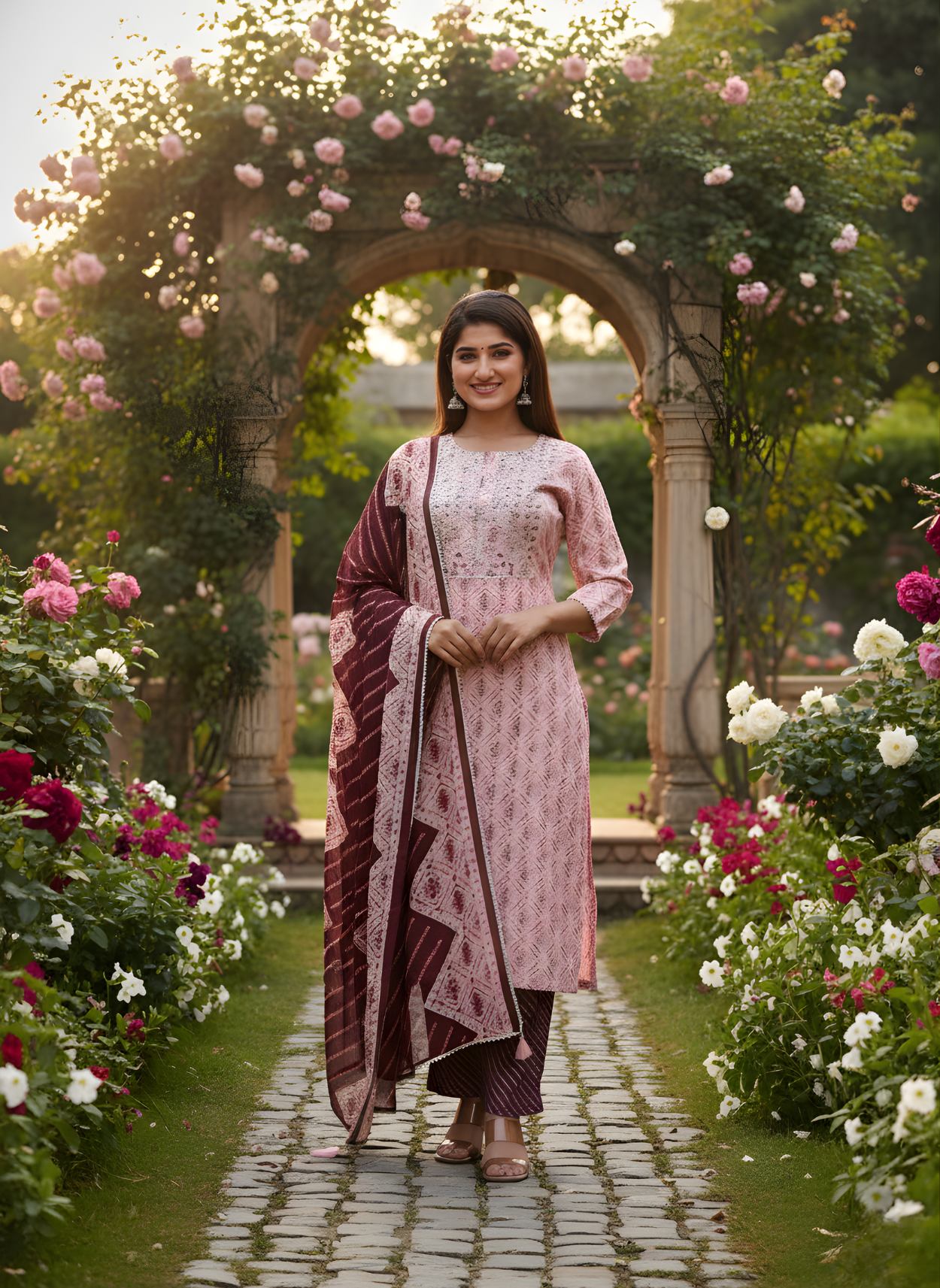 Woman in a pink traditional outfit standing in a garden with floral arches.