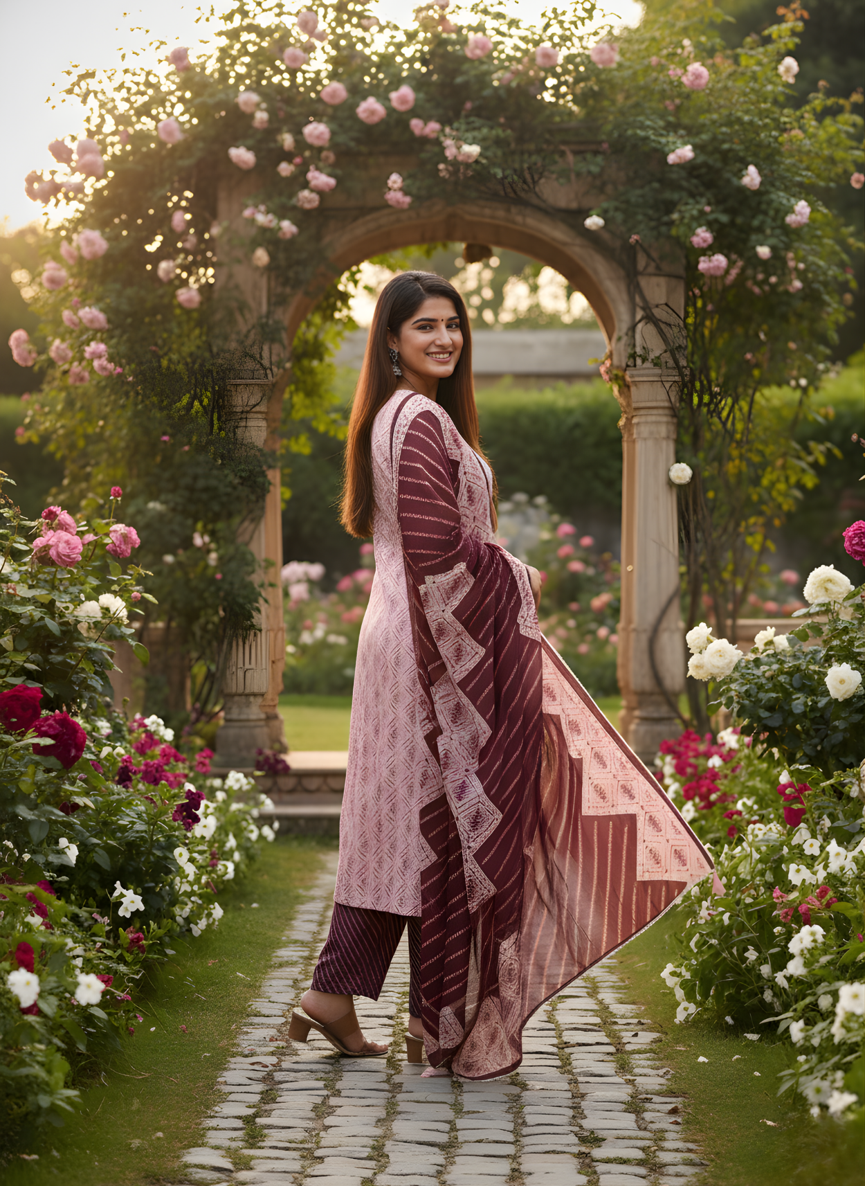 Woman in a patterned outfit standing in a garden with floral arches and flowers.