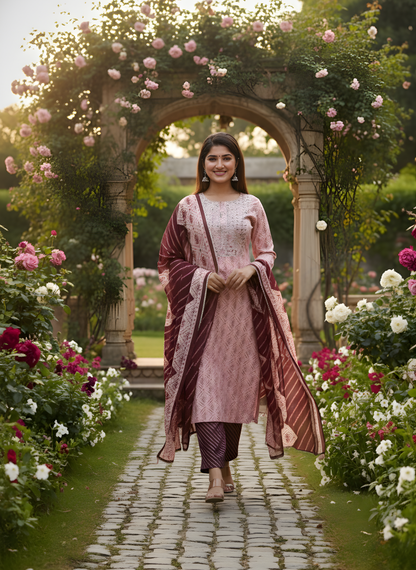 Woman in traditional attire walking through a garden with floral arches