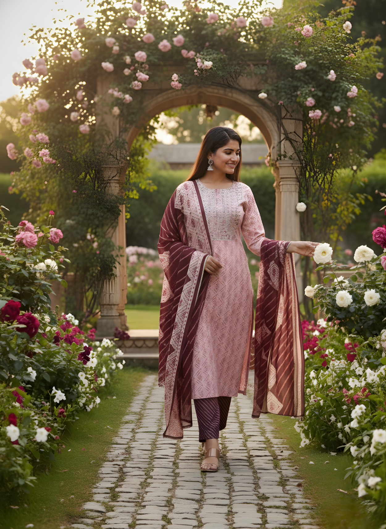 Woman in a pink traditional outfit walking through a garden with floral arches.