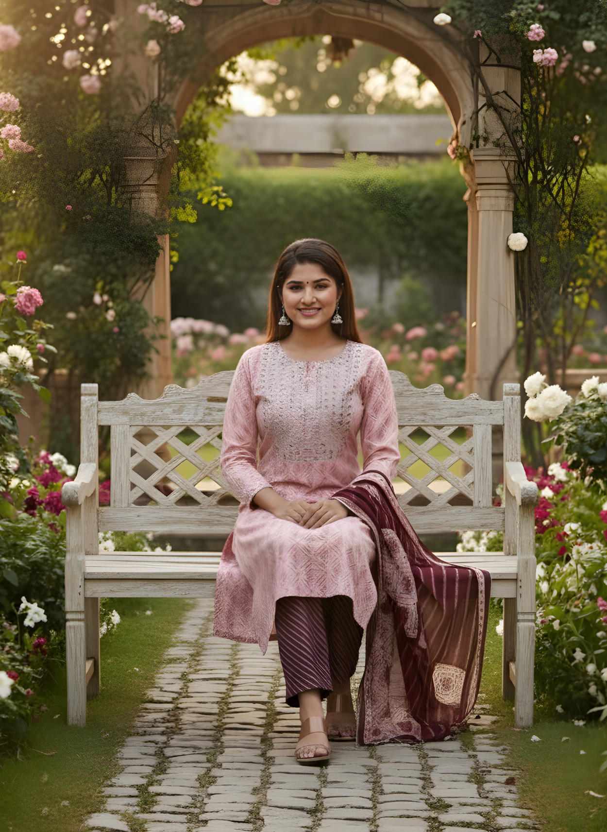 Woman in a pink traditional outfit sitting on a bench in a garden.