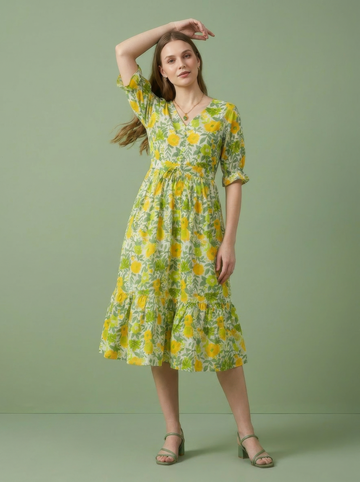 Yellow Floral Cotton Middy Dress Wholesale Manufacturer India