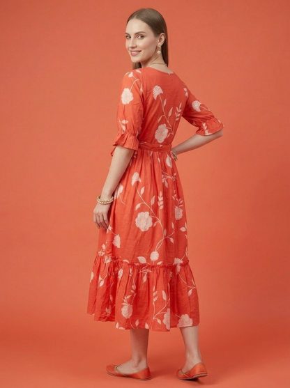 Orange Floral Cotton Middy Dress Wholesale Manufacturer India