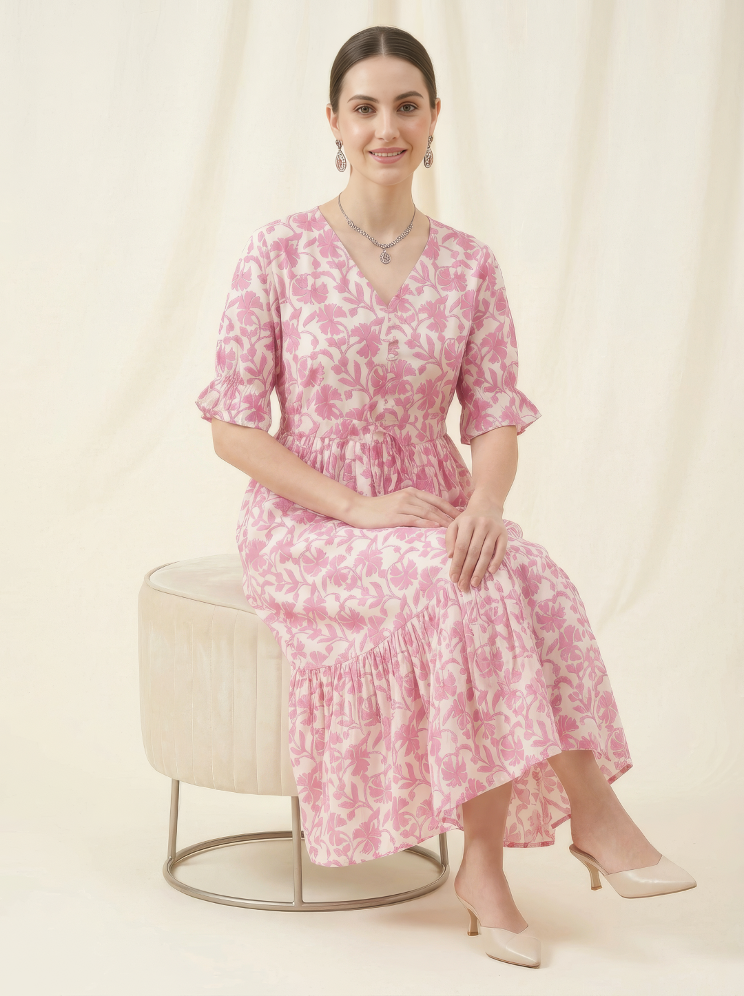 Pink Floral Cotton Middy Dress Wholesale Manufacturer India