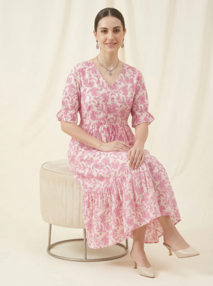 Pink Floral Cotton Middy Dress Wholesale Manufacturer India