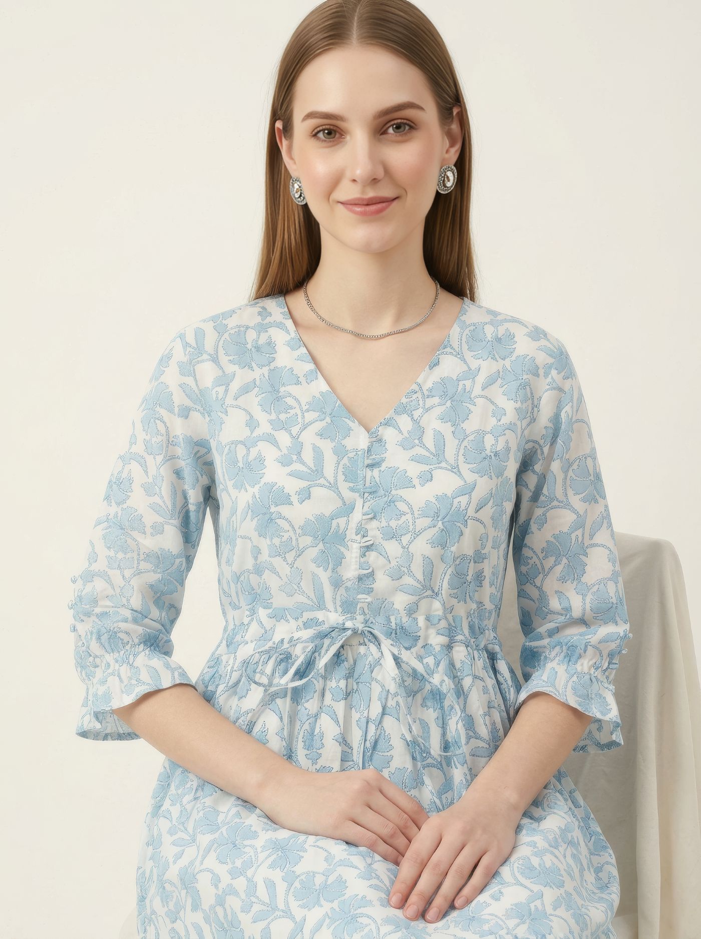 Blue Floral Cotton Middy Dress Wholesale Manufacturer India