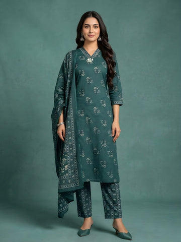 women wear wholesale manufacturer India teal cotton kurti dupatta set