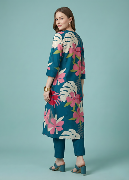 Teal floral pure cotton rayon kurta set wholesale