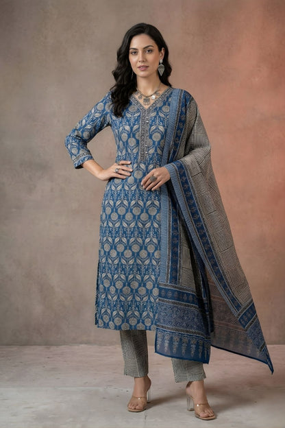 women wear wholesale manufacturer India cotton kurti set blue
