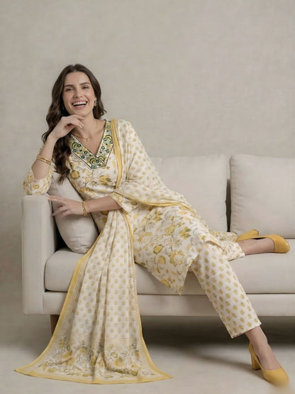 Cream Floral Pure Cotton Kurti Dupatta Set Wholesale Manufacturer India