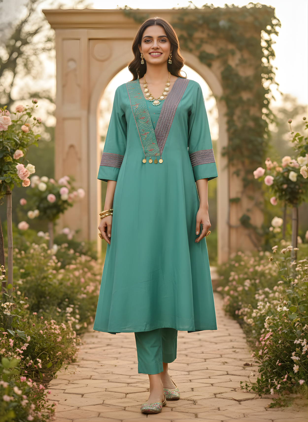 Neelufer Creation sea green Mul Chanderi kurti set front view