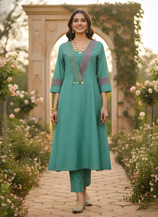 Neelufer Creation sea green Mul Chanderi kurti set front view
