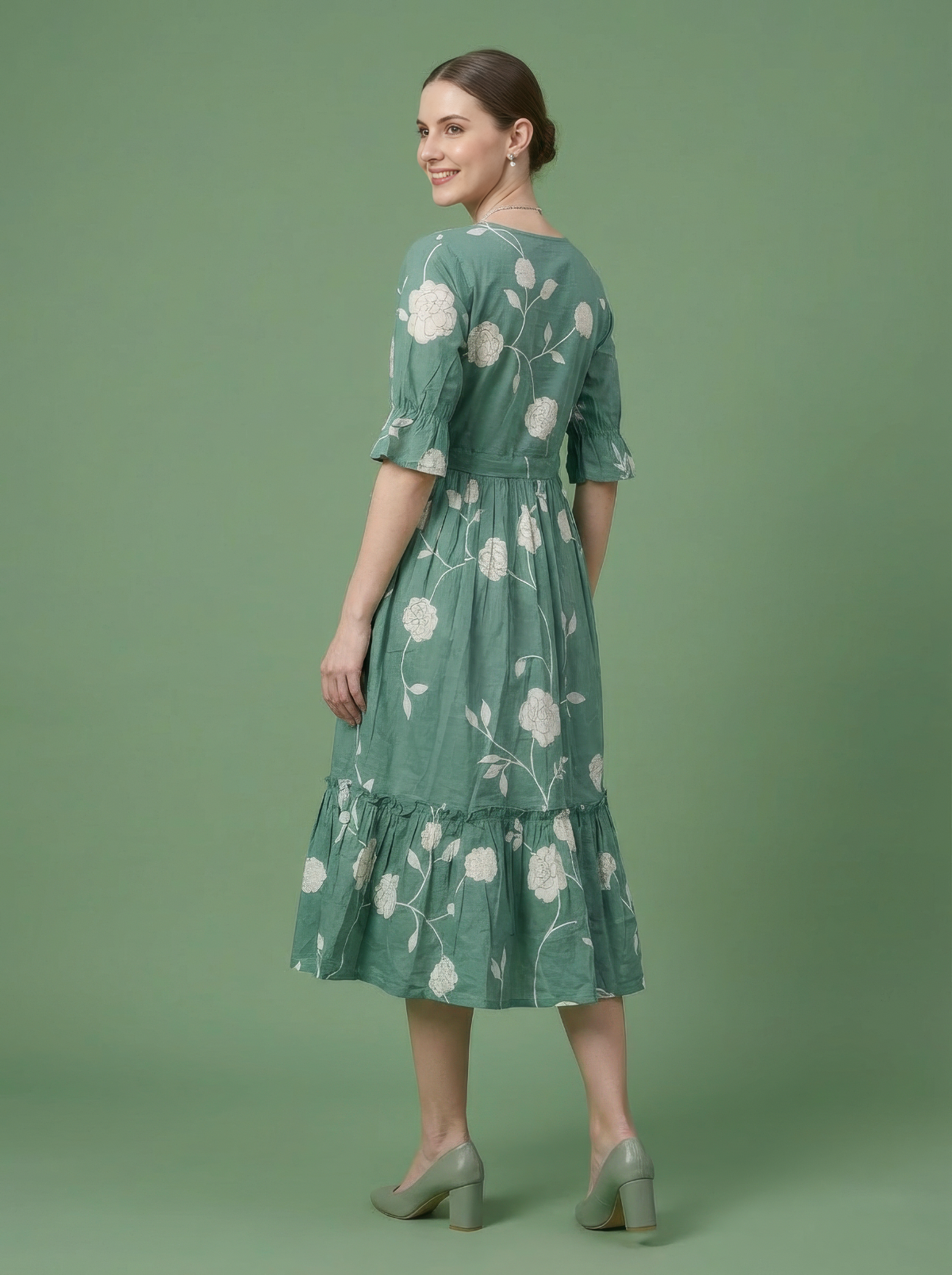 Green Floral Cotton Midi Dress Wholesale Manufacturer India