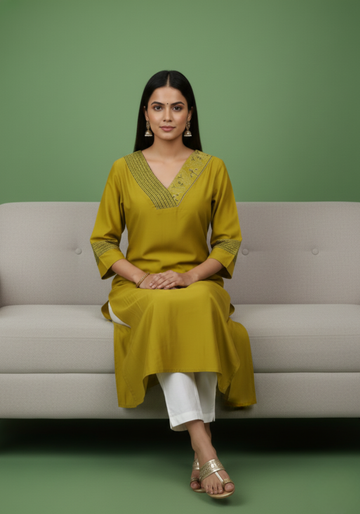 Neelufer Creation mustard Mul Chanderi kurti front view