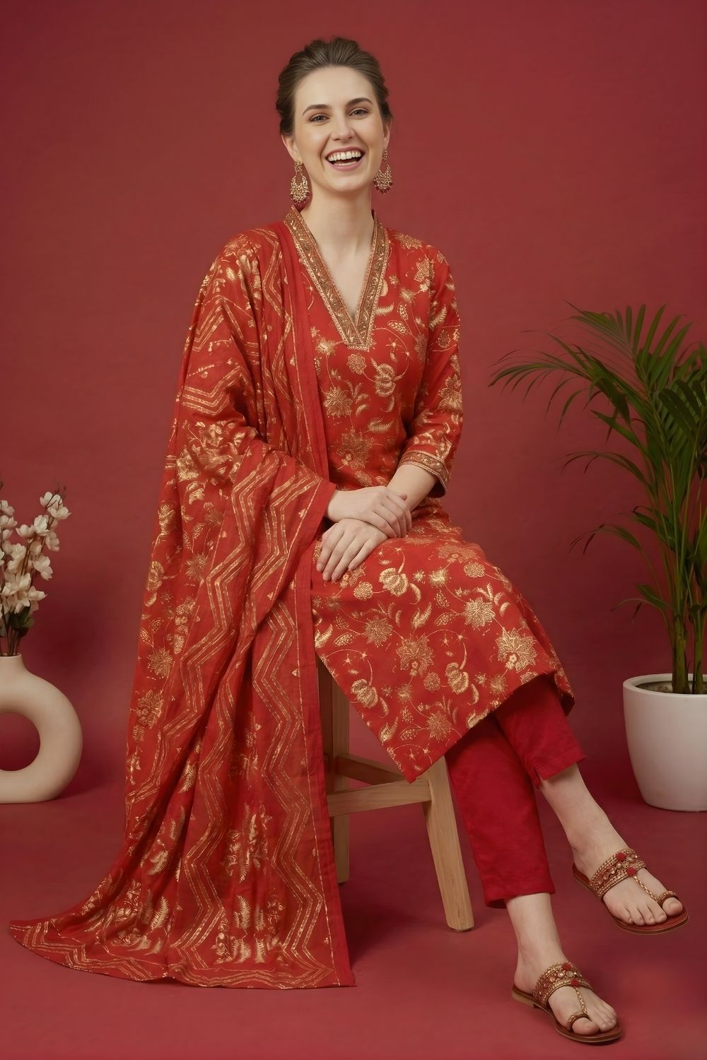 women wear wholesale manufacturer India red cotton kurti set