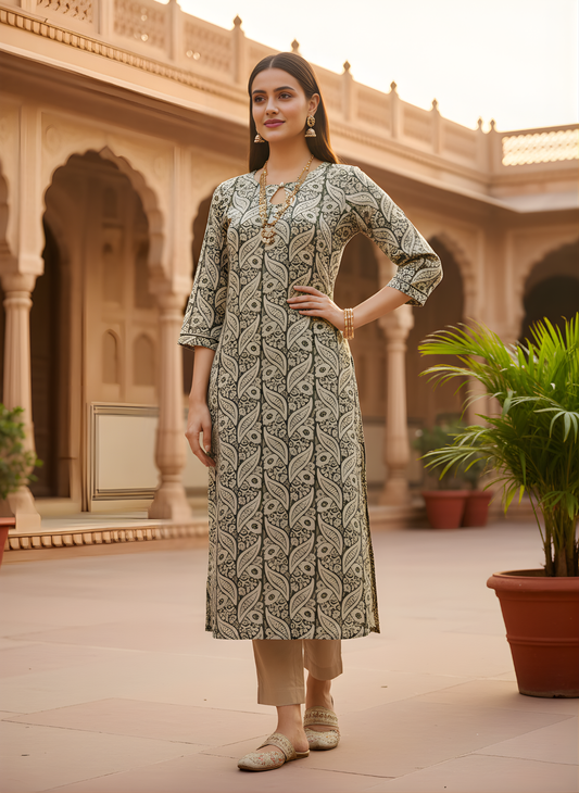 Neelufer Creation ivory grey pure cotton kurti front view