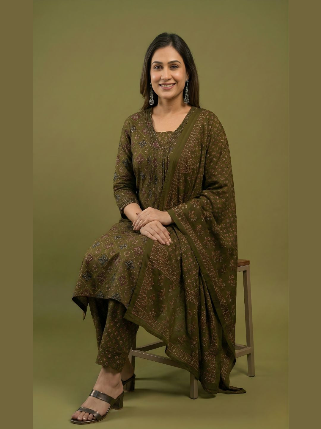 Olive Pure Cotton Dupatta Set Wholesale