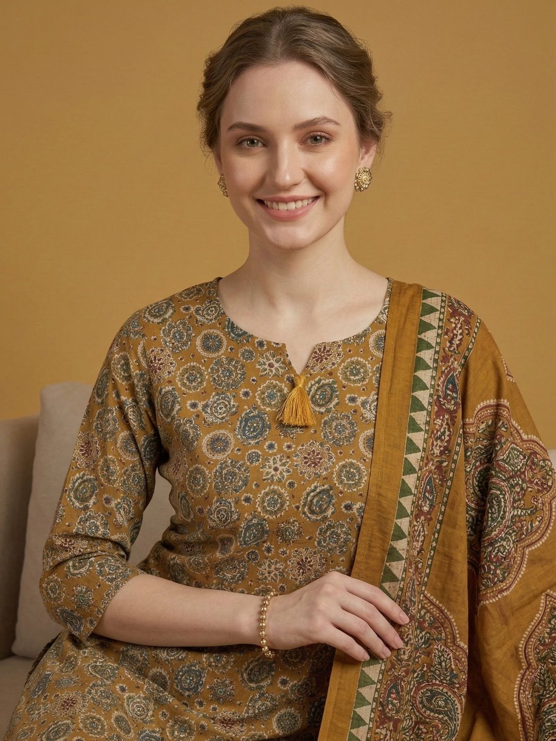 Mustard Printed Pure Cotton Kurti Dupatta Set Wholesale Manufacturer India