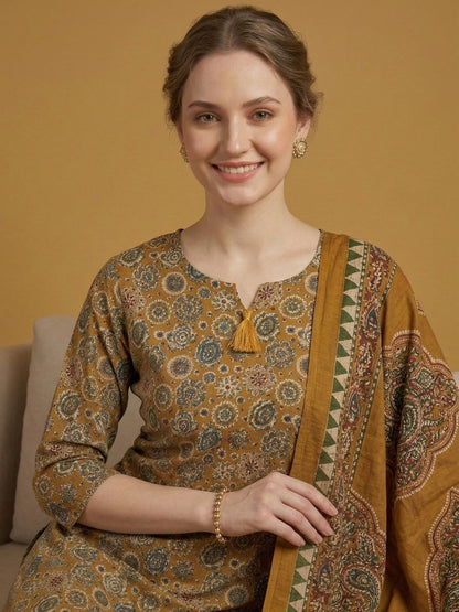 Mustard Printed Pure Cotton Kurti Dupatta Set Wholesale Manufacturer India