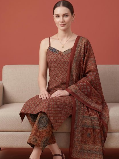 Rust Brown Printed Cotton Kurta Set Women Wear Wholesale Manufacturer