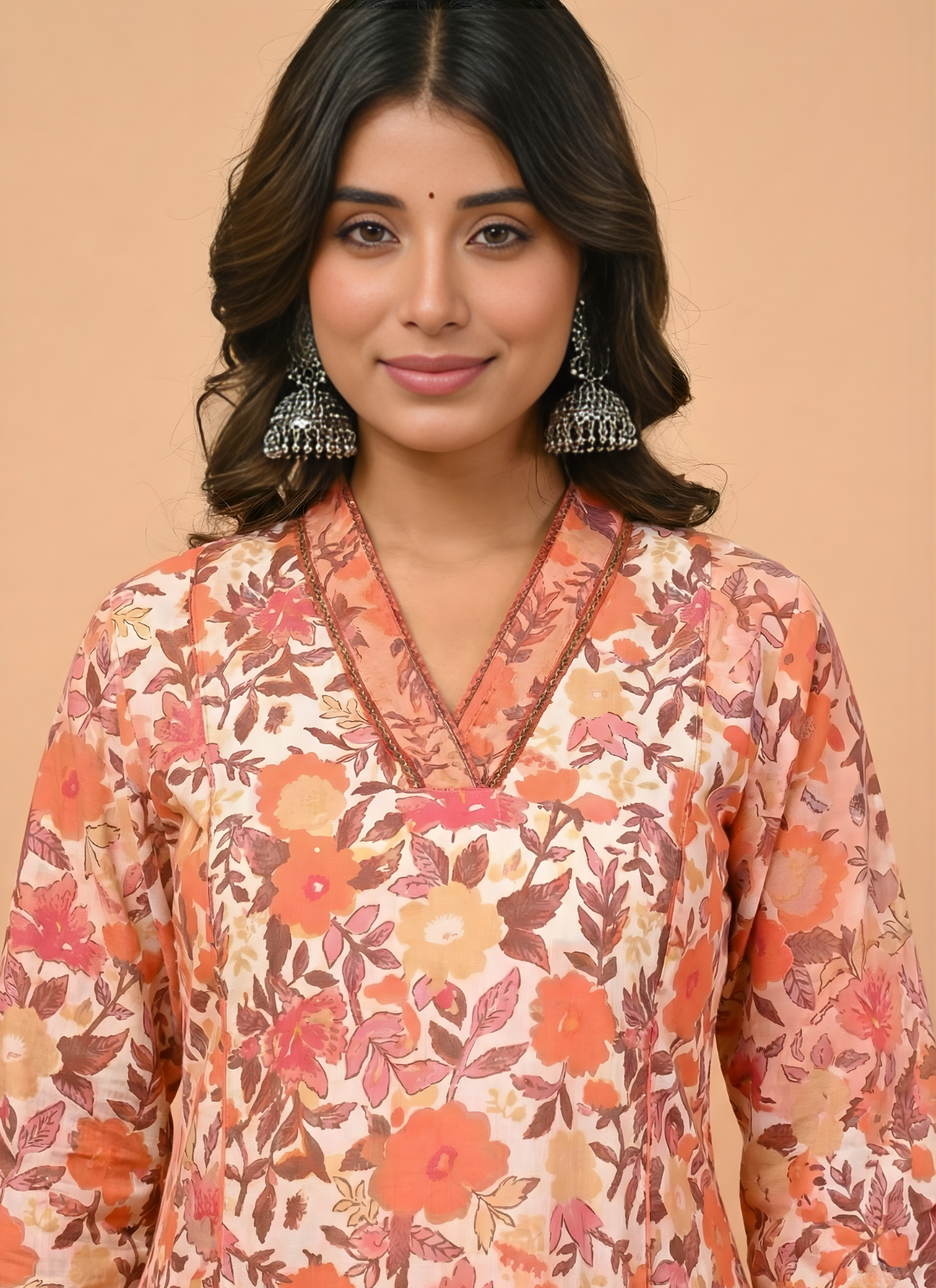 Peach Floral Pure Cotton Kurta Set