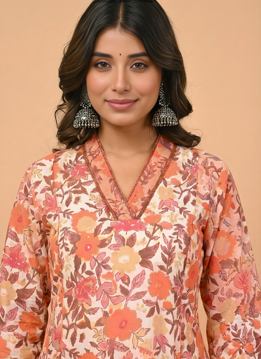 Peach Floral Pure Cotton Kurta Set