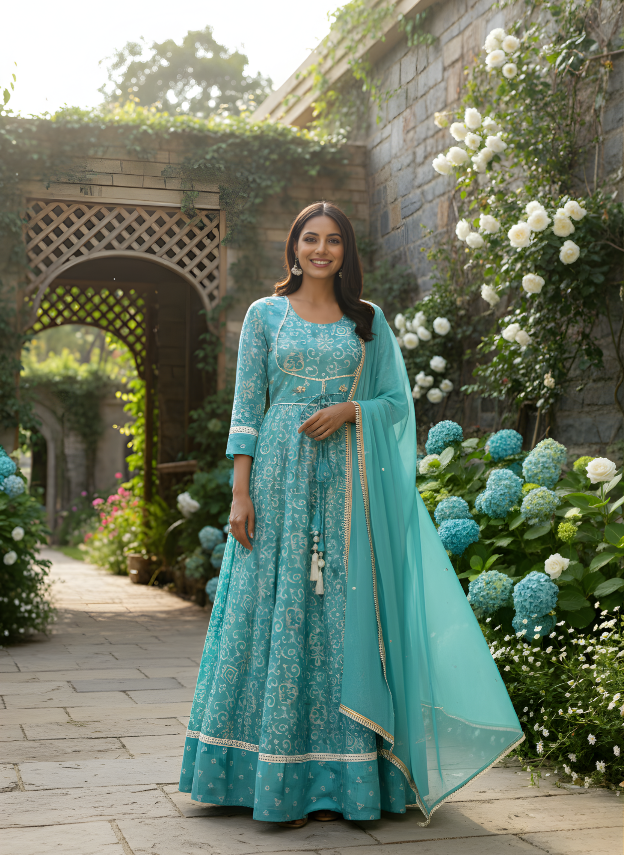 Neelufer Creation Modal Chanderi Long Dress Set Front View