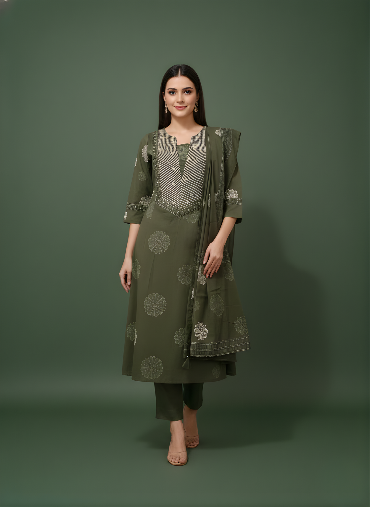 Neelufer Creation pure cotton olive dupatta set