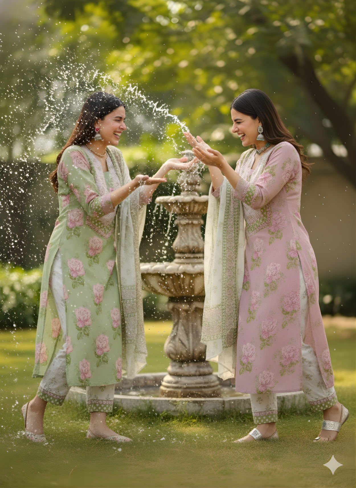 Two women in traditional attire playing with water in a garden setting.