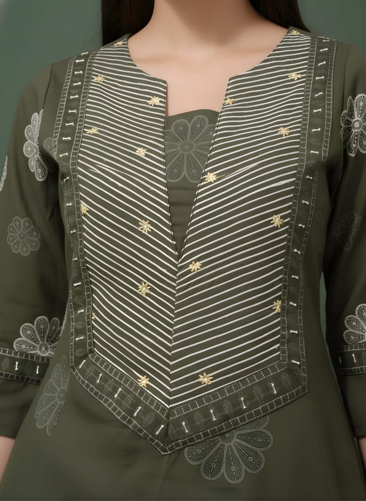 Wholesale women cotton kurta pant dupatta set olive