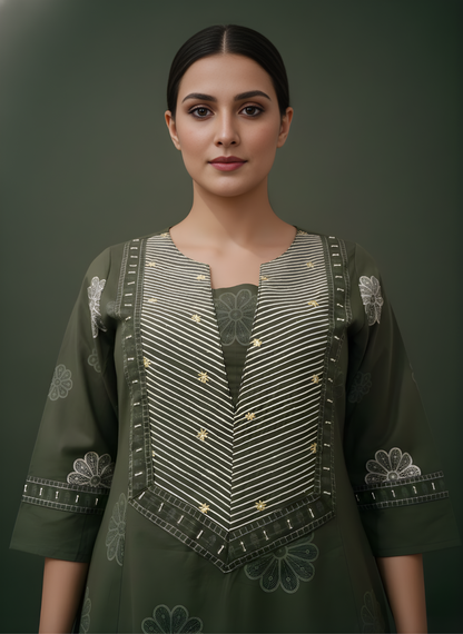 Olive ethnic cotton dupatta set women
