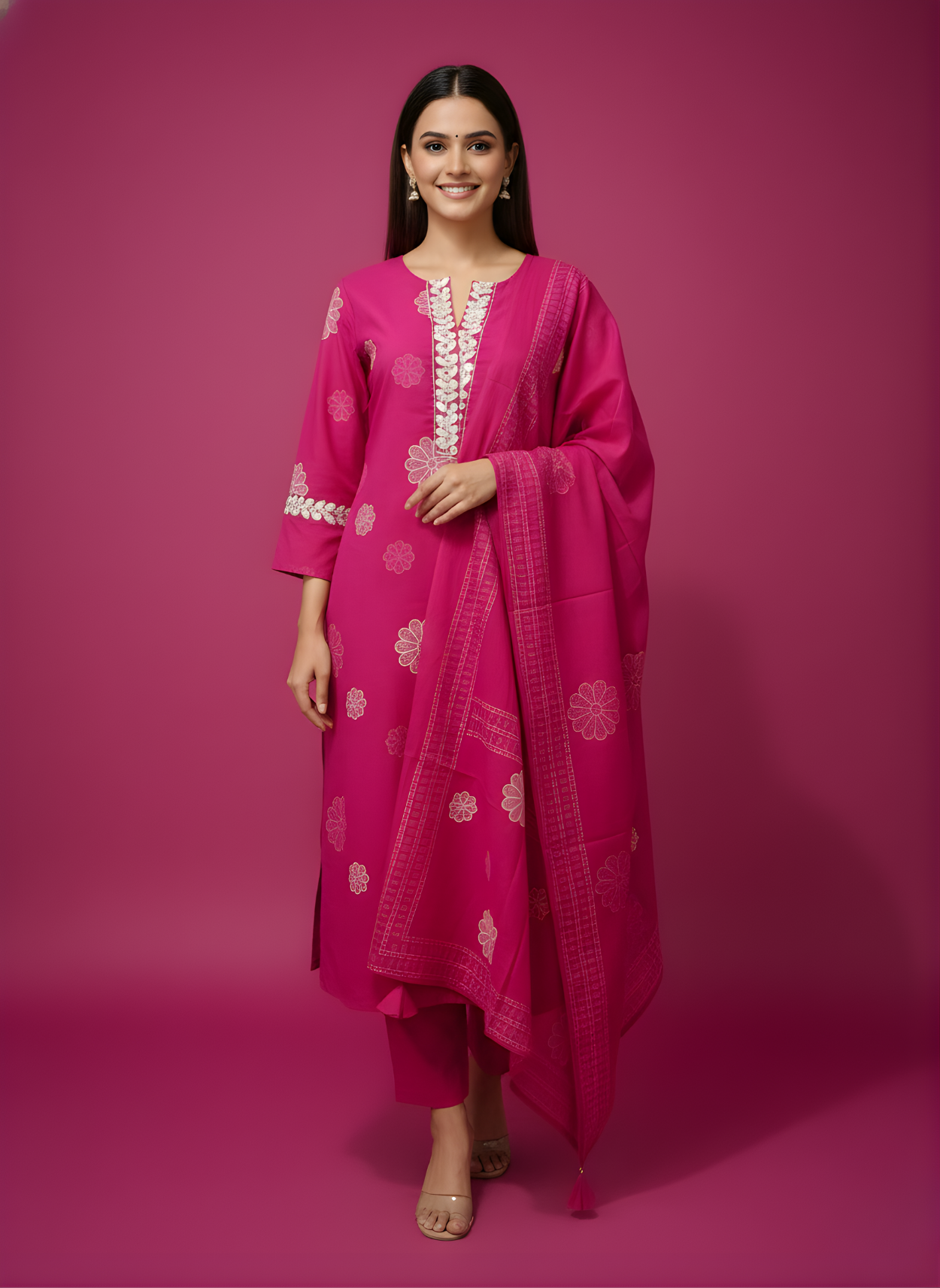 Woman wearing a pink traditional outfit with white patterns on a pink background