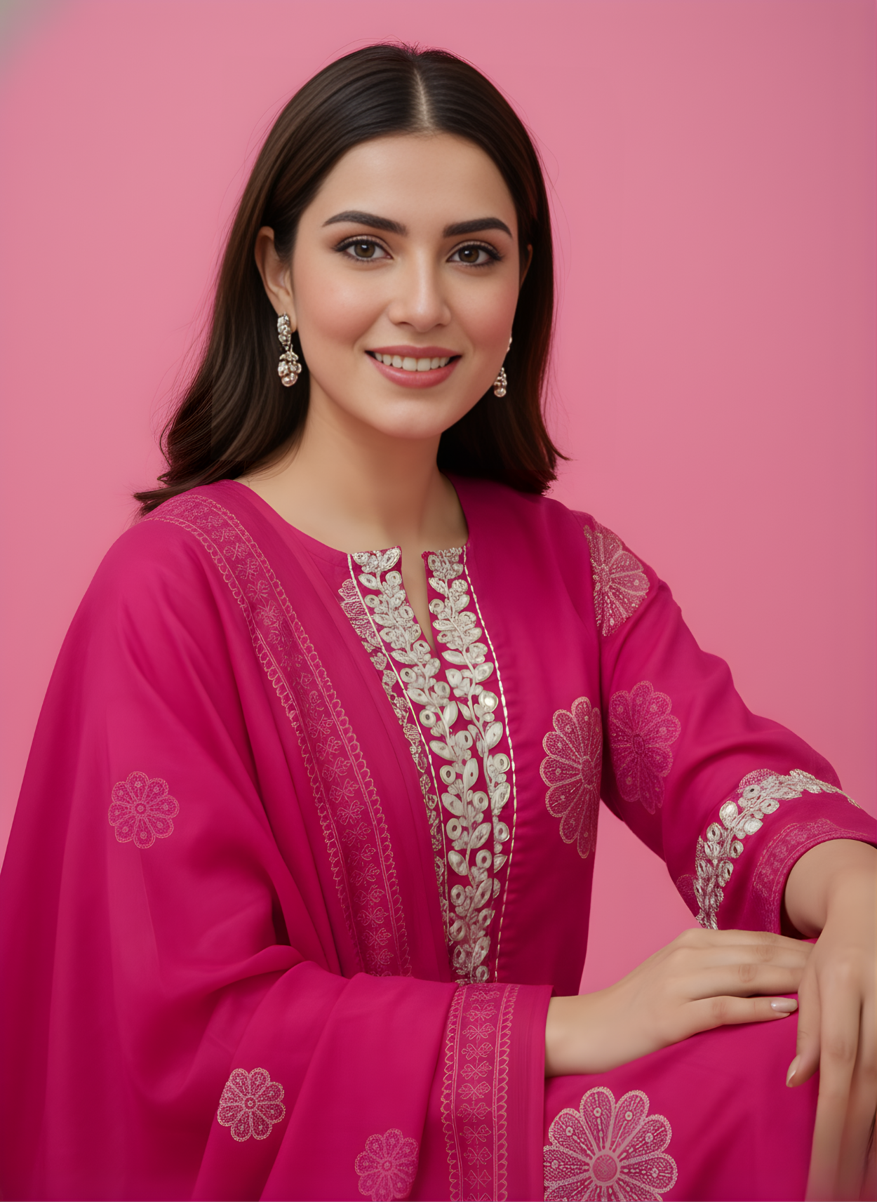 Woman wearing a pink embroidered outfit against a pink background