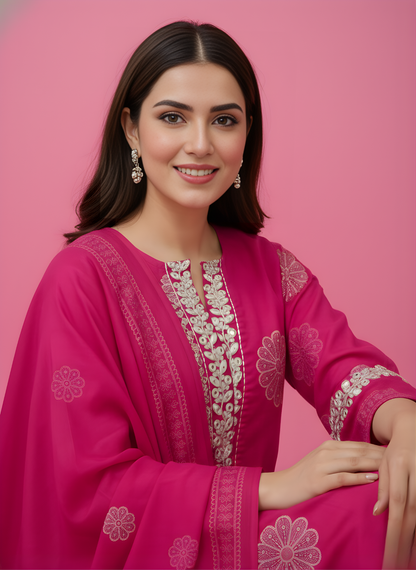 Woman wearing a pink embroidered outfit against a pink background