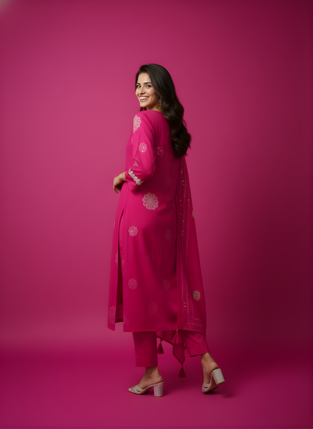 Woman in a pink traditional outfit against a pink background