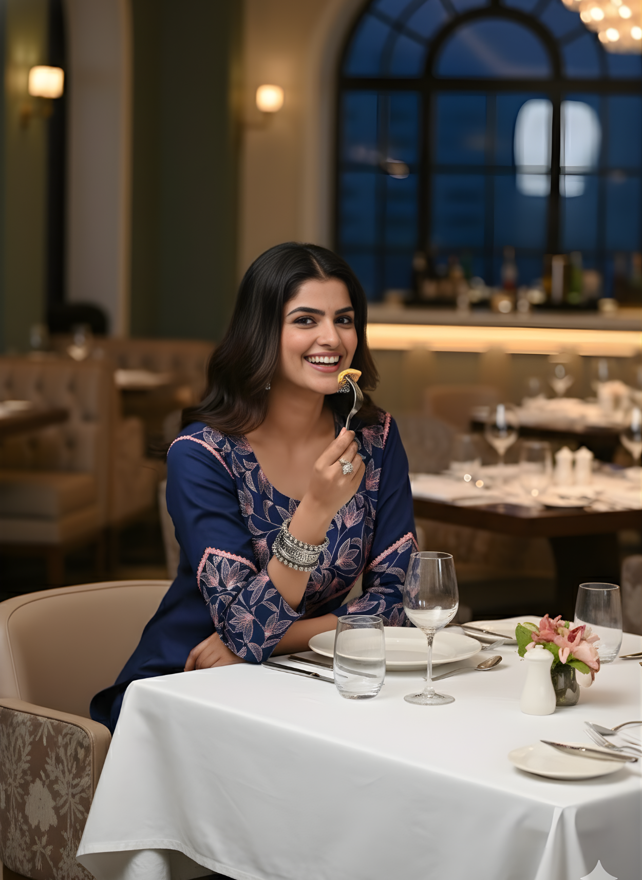 Woman sitting at a dining table in a restaurant, smiling.