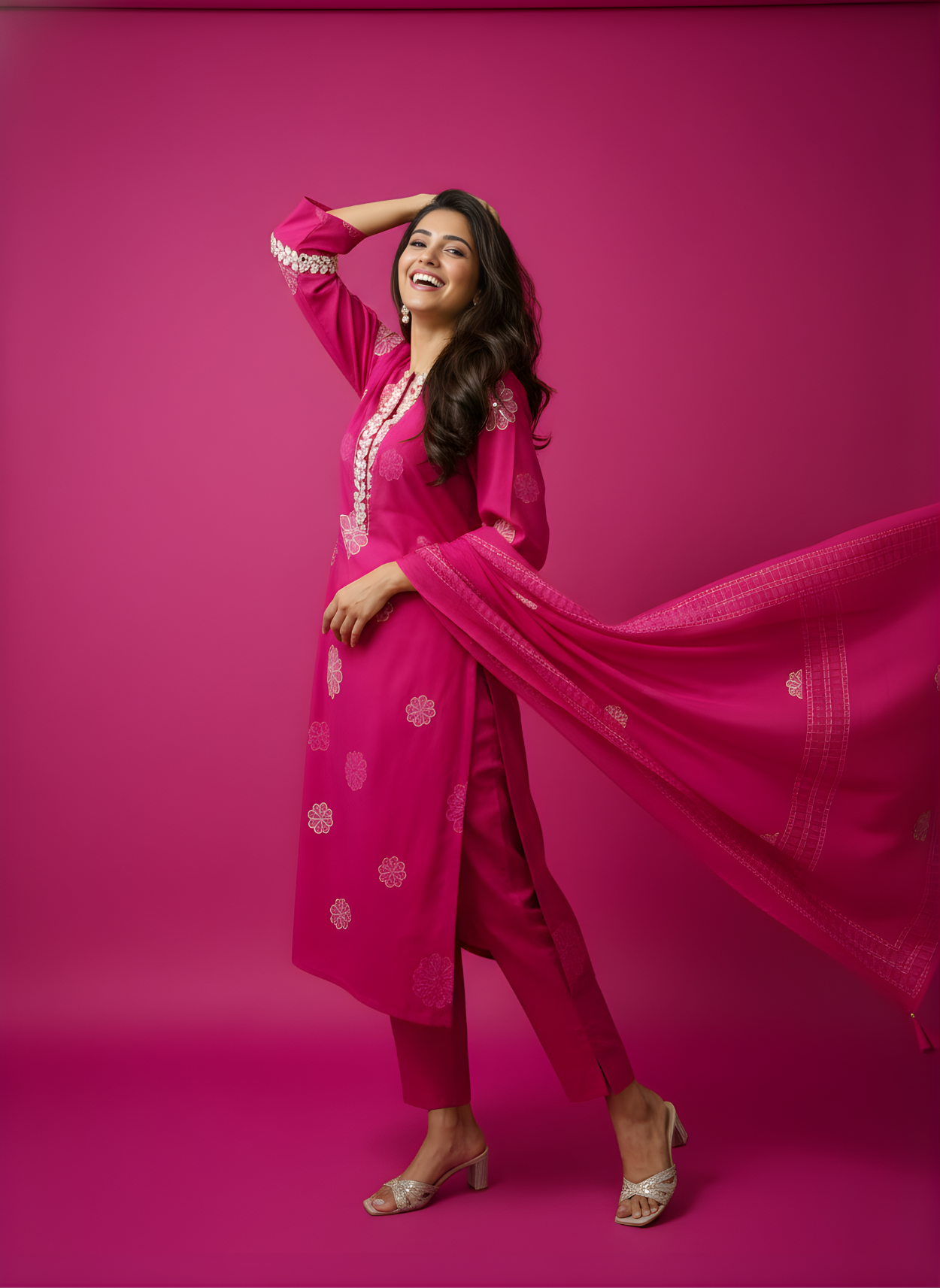 Woman in a pink traditional outfit with a flowing dupatta against a pink background