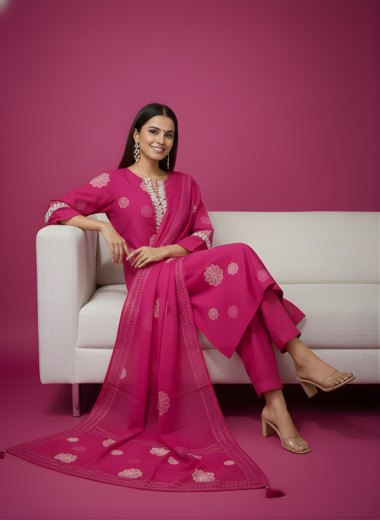 Woman in a pink traditional outfit sitting on a white couch against a magenta background