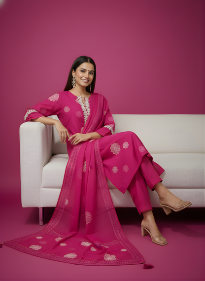 Woman in a pink traditional outfit sitting on a white couch against a magenta background
