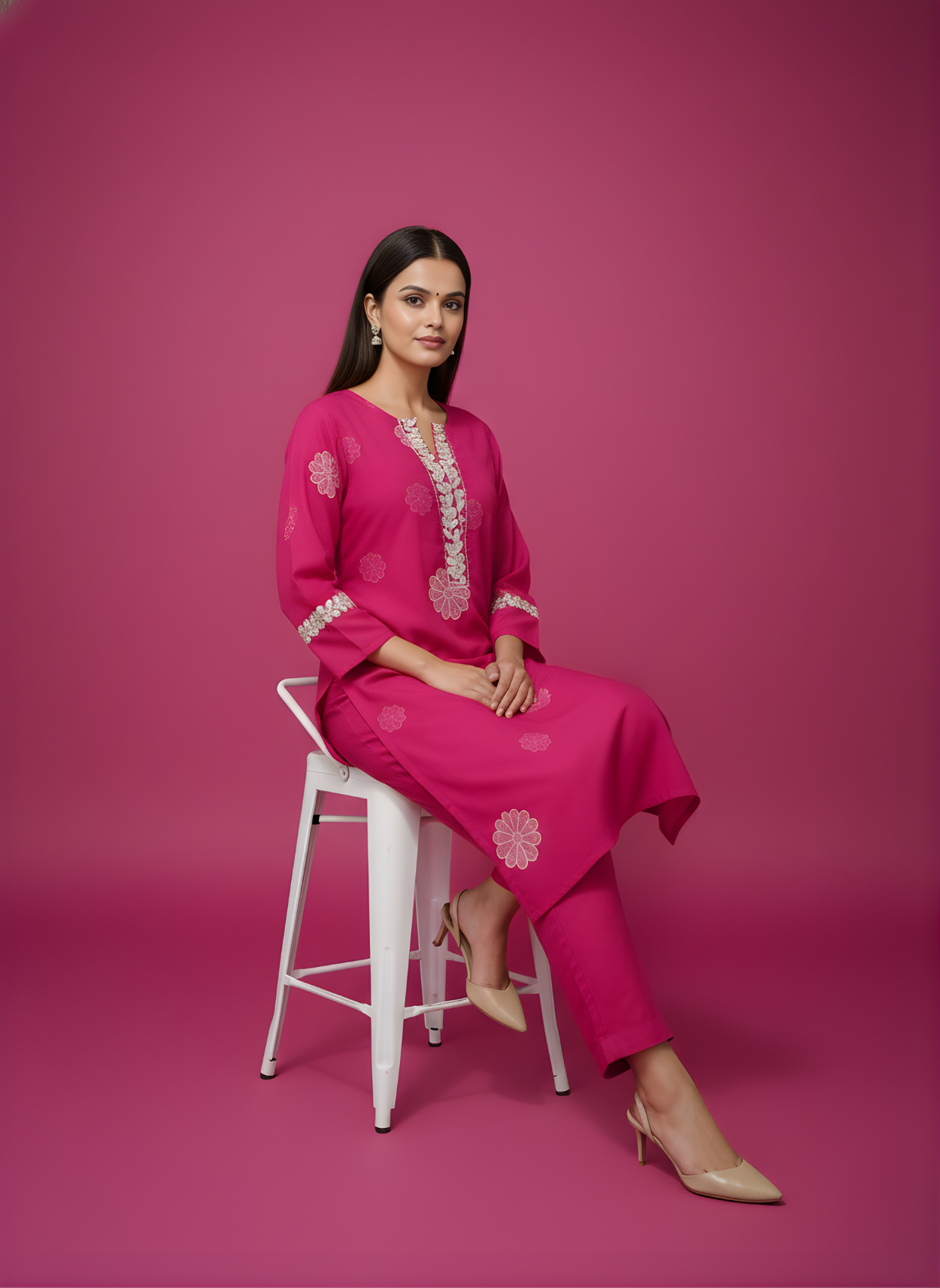 Woman in a pink outfit sitting on a white stool against a pink background