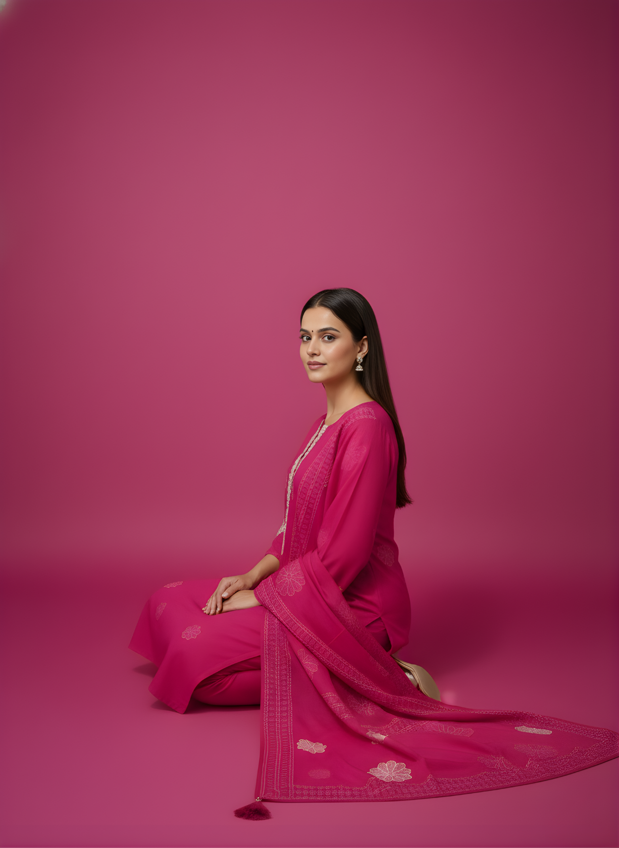 Woman in a pink traditional outfit sitting on a pink background